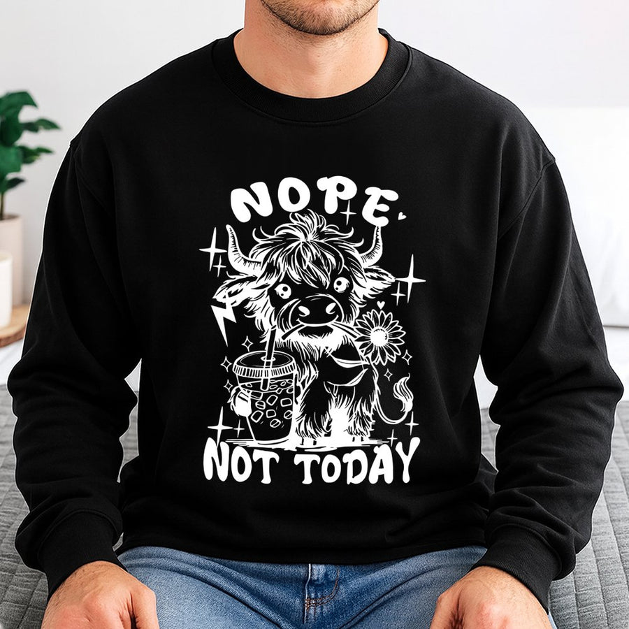 Highland Cow Sweatshirt | Nope Not Today Coffee Graphic | Premium Cotton Blend | Funny Farm Animal Lover Gift
