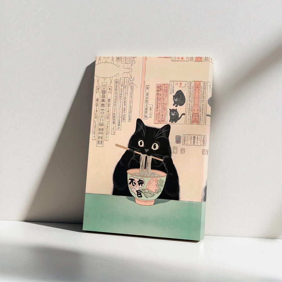 Japanese Black Cat Ramen Canvas Art | Ukiyo-E Style Noodle Bowl Print | Premium Gallery-Wrapped Canvas | Quirky Kitchen & Home Decor Gift