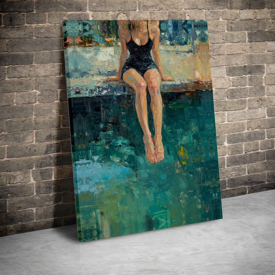 Impressionist Woman by Pool Canvas Wall Art | Moody Oil Painting Style | Premium Gallery Wrap 1.25" Profile | Modern Aesthetic Home Decor Gift