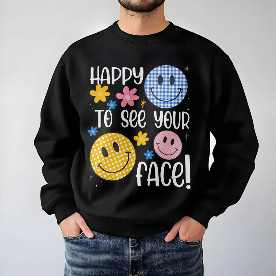 Happy To See Your Face Sweatshirt | Retro Gingham Smiley Graphic | Premium Cotton Blend Crewneck | Positive Vibes Gift For Her & Him