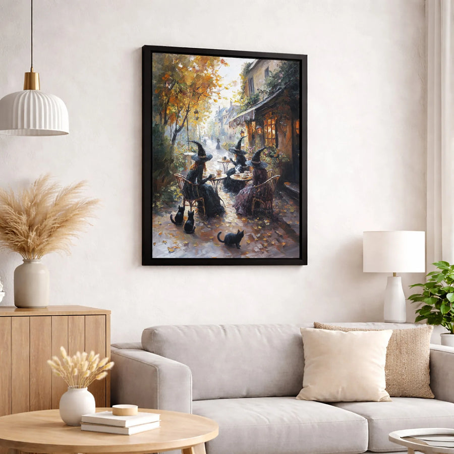 Witches Coffee Cafe Canvas Wall Art | Autumn Witch Decor with Black Cats | Premium 1.25 Inch Gallery Wrap | Spooky Halloween Home Gift