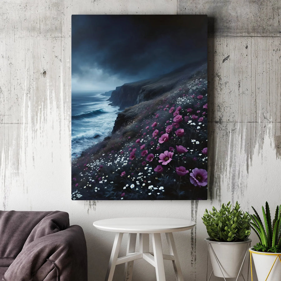 Stormy Ocean Cliff Canvas Print | Moody Coastal Landscape with Wildflowers | Premium Gallery-Wrapped Art | Modern Home & Office Wall Decor
