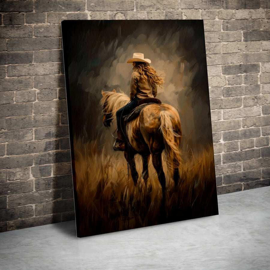 Cowgirl on Horse Canvas Print | Rustic Painterly Western Art | Premium Fade-Resistant Gallery Wrap | Collector Gift for Farmhouse Decor