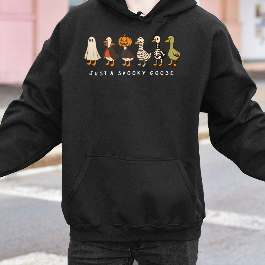 Spooky Goose Halloween Hoodie | Funny Ghost Pumpkin Skeleton Duck Graphic | Soft Cotton-Poly Blend Sweatshirt | Cute Fall Gift for Women & Men