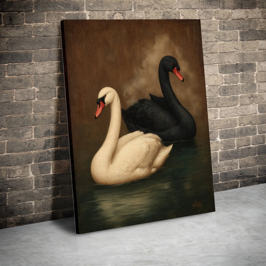 Vintage Swan Canvas Wall Art | Black and White Swans Oil Painting Print | Premium Gallery Wrapped Canvas | Moody Dark Academia Home Decor Gift