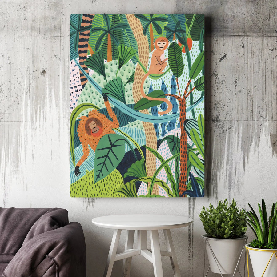 Jungle Monkey Canvas Print | Vibrant Rainforest Scene with Orangutan | Premium Gallery Wrapped Canvas | Modern Kids Room & Nursery Decor Gift