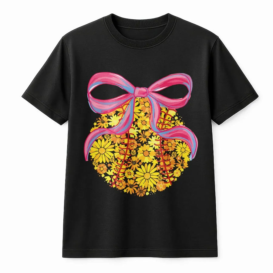 Floral Softball Coquette T-Shirt | Retro Daisy Bow Graphic Tee | Premium Cotton Softball Mom Gift | Aesthetic Sports Apparel for Her