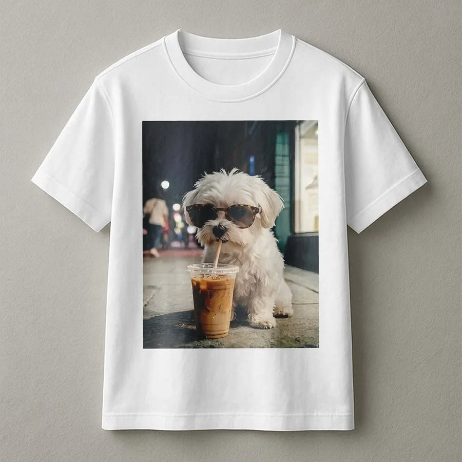 Cool Dog with Sunglasses T-Shirt | Funny Maltese Drinking Iced Coffee | Premium Cotton Tee | Gift for Dog Mom & Dad