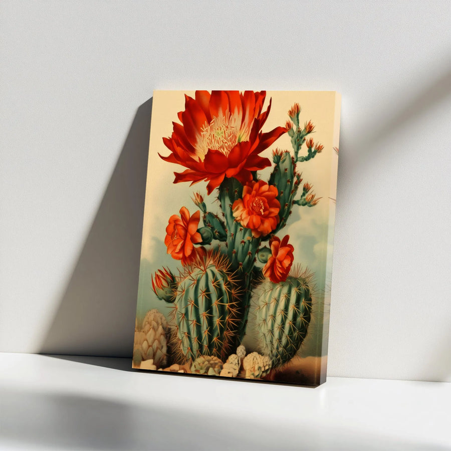 Blooming Cactus Wall Art | Vintage Red Flower Botanical Illustration | Premium Gallery Wrap Canvas | Southwest Desert Home Decor Gift