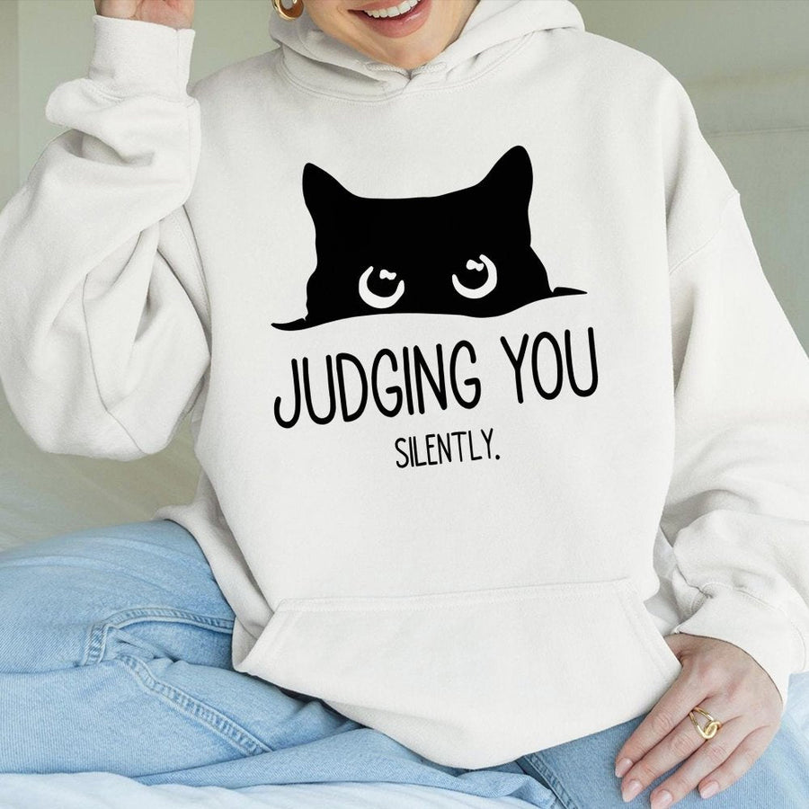 Judging You Silently Hoodie | Peeking Black Cat Graphic Design | Premium Cotton-Polyester Blend | Funny Animal Gift for Cat Lovers