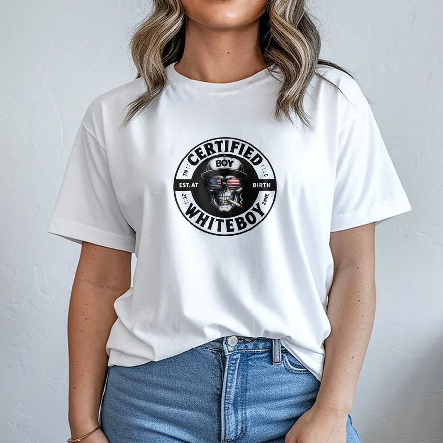 Certified Whiteboy T-Shirt | American Flag Skull Graphic | Soft Unisex Crewneck | Funny Patriotic Gift for Him