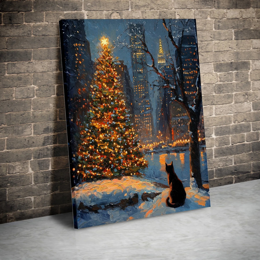 Black Cat Christmas Canvas Art | NYC Winter Snow Impressionist Painting | 1.25 Inch Gallery Wrap Print | Festive Holiday Wall Decor for Cat Lovers