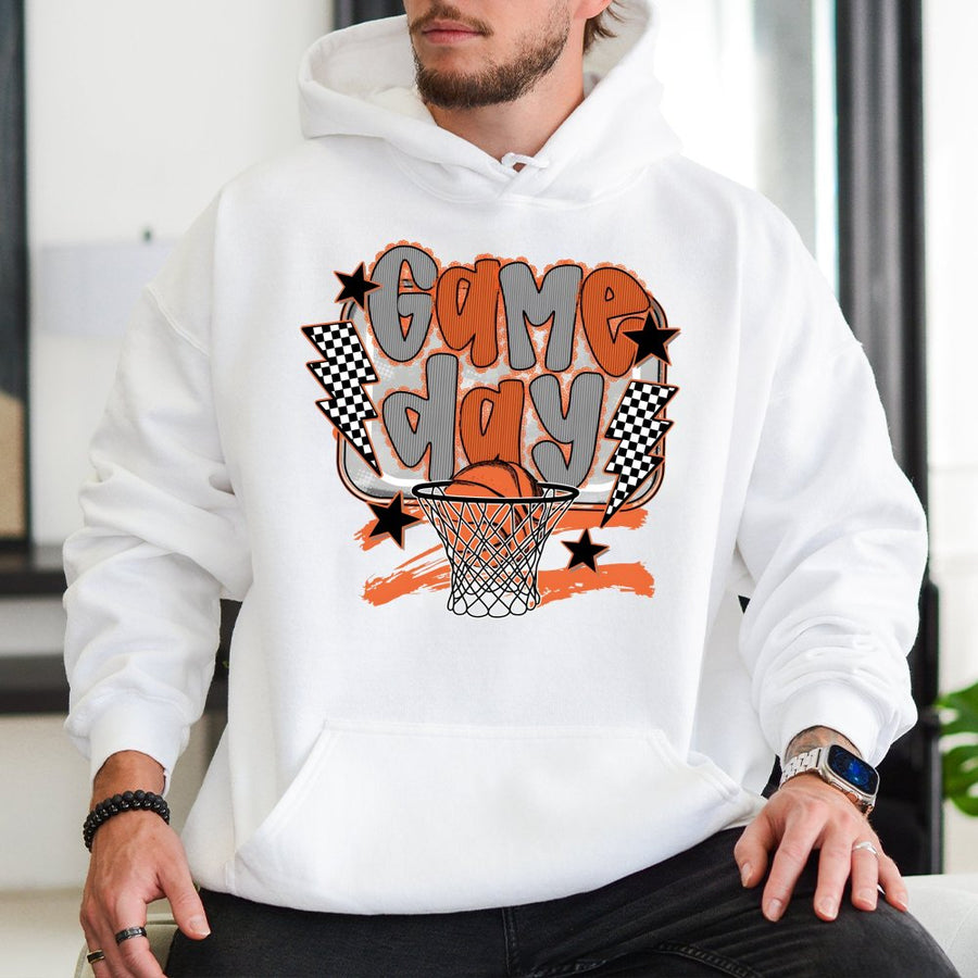 Game Day Basketball Hoodie | Retro Checkered Lightning Design | Soft Cotton-Poly Blend | Cute Basketball Mom Gift for Sports Fans