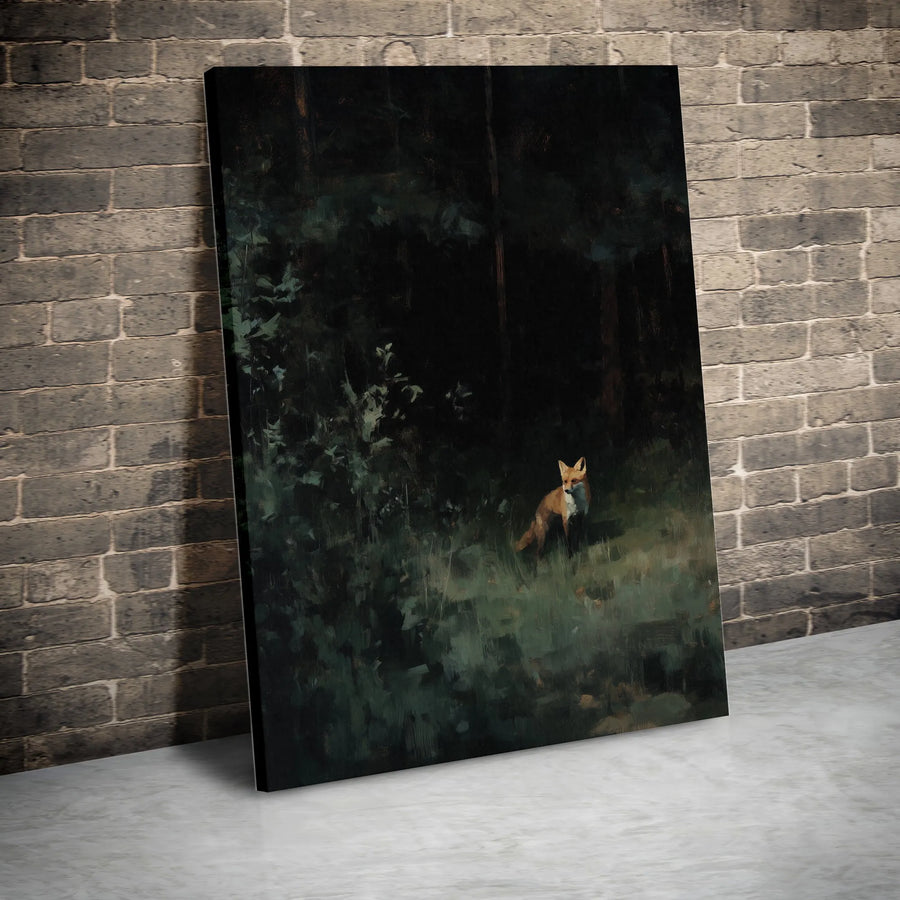 Fox in Dark Forest Canvas Wall Art | Moody Forest Wildlife Painting | Gallery Quality 1.25" Thick Print | Nature Lover Home Decor Gift