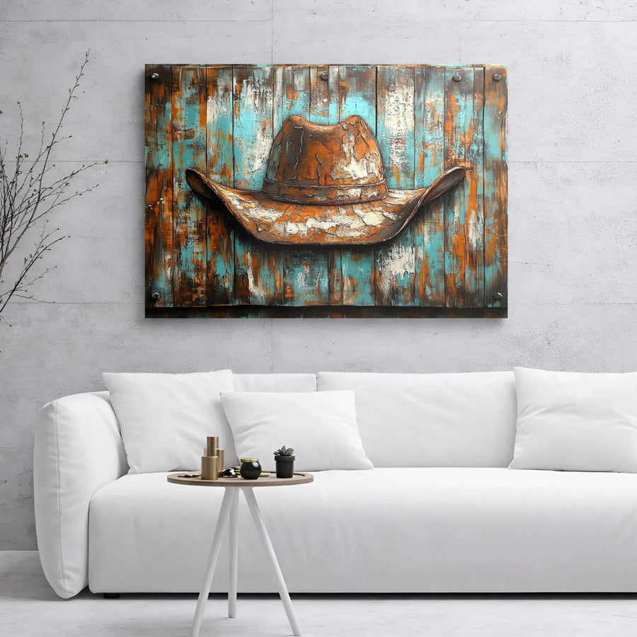 Rustic Cowboy Hat Wall Art | Distressed Teal And Orange Wood Print | Premium 1.25" Gallery Wrap Canvas | Western Home Decor Gift For Him