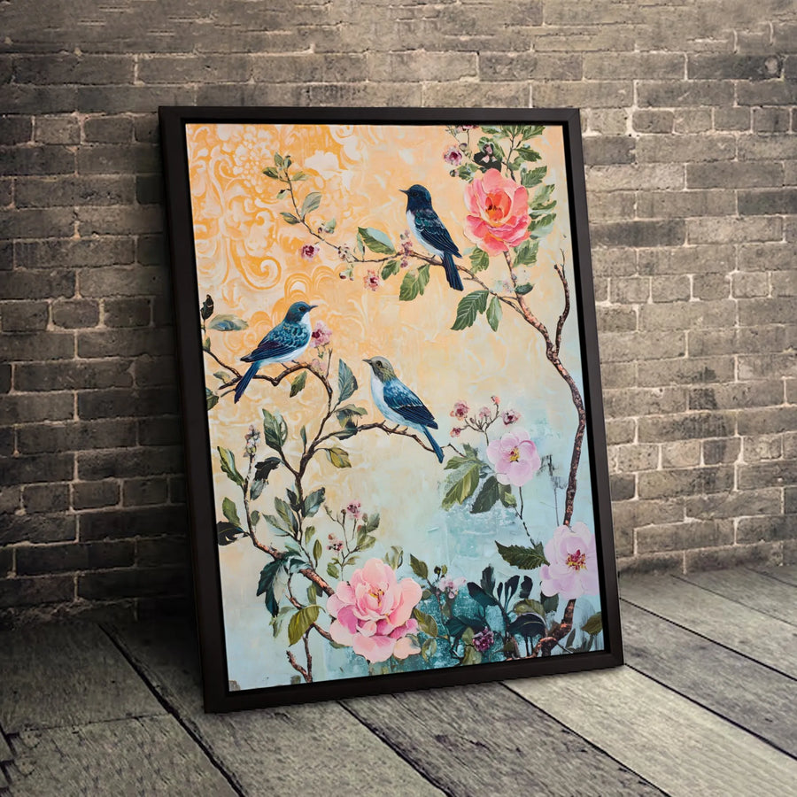Blue Bird Canvas Wall Art | Vintage Floral Botanical Print with Pink Peonies | Premium 1.25-Inch Gallery Wrap | Elegant Nature Home Decor Gift