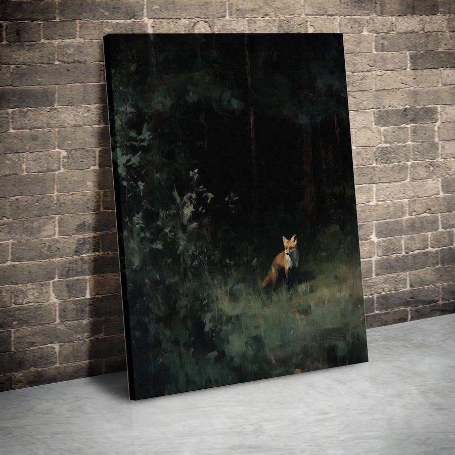 Fox in Dark Forest Canvas Wall Art | Moody Forest Animal Painting Print | 1.25" Gallery Wrap Premium Canvas | Woodland Nature Home Decor Gift