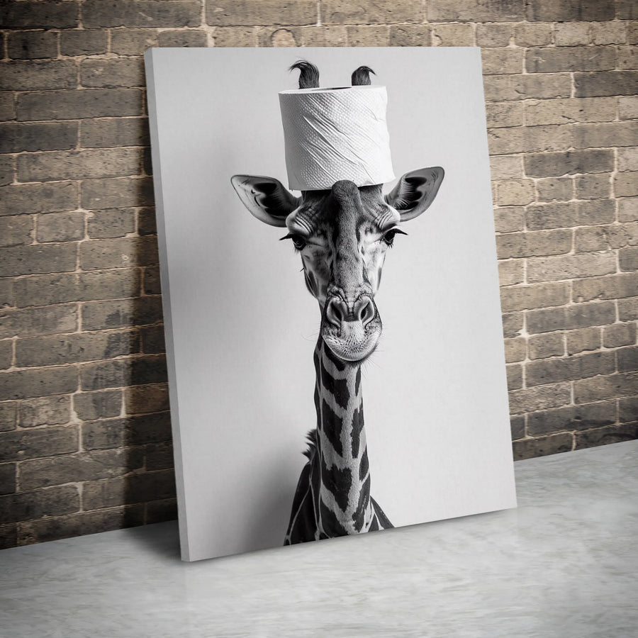 Funny Giraffe Toilet Paper Wall Art | Black and White Bathroom Decor | Premium Gallery Wrap Canvas | Quirky Animal Home Gift