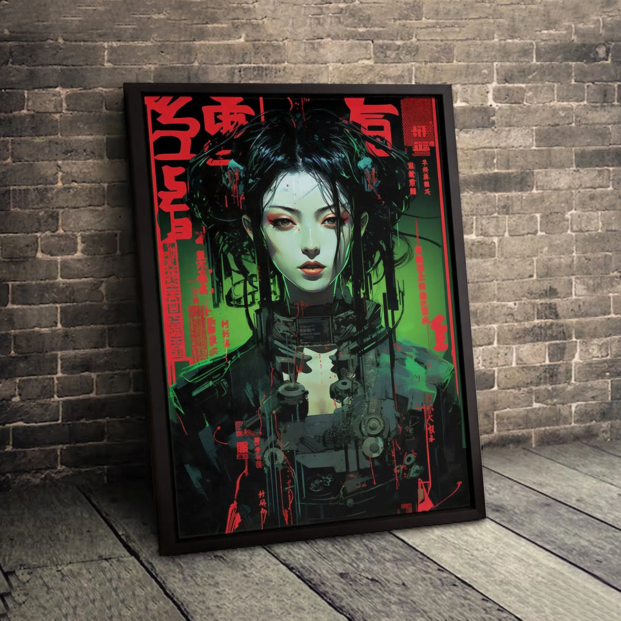 Cyberpunk Geisha Wall Art | Futuristic Cyborg Woman Portrait | Premium 1.25-Inch Gallery Wrapped Canvas | Edgy Home & Office Decor Gift