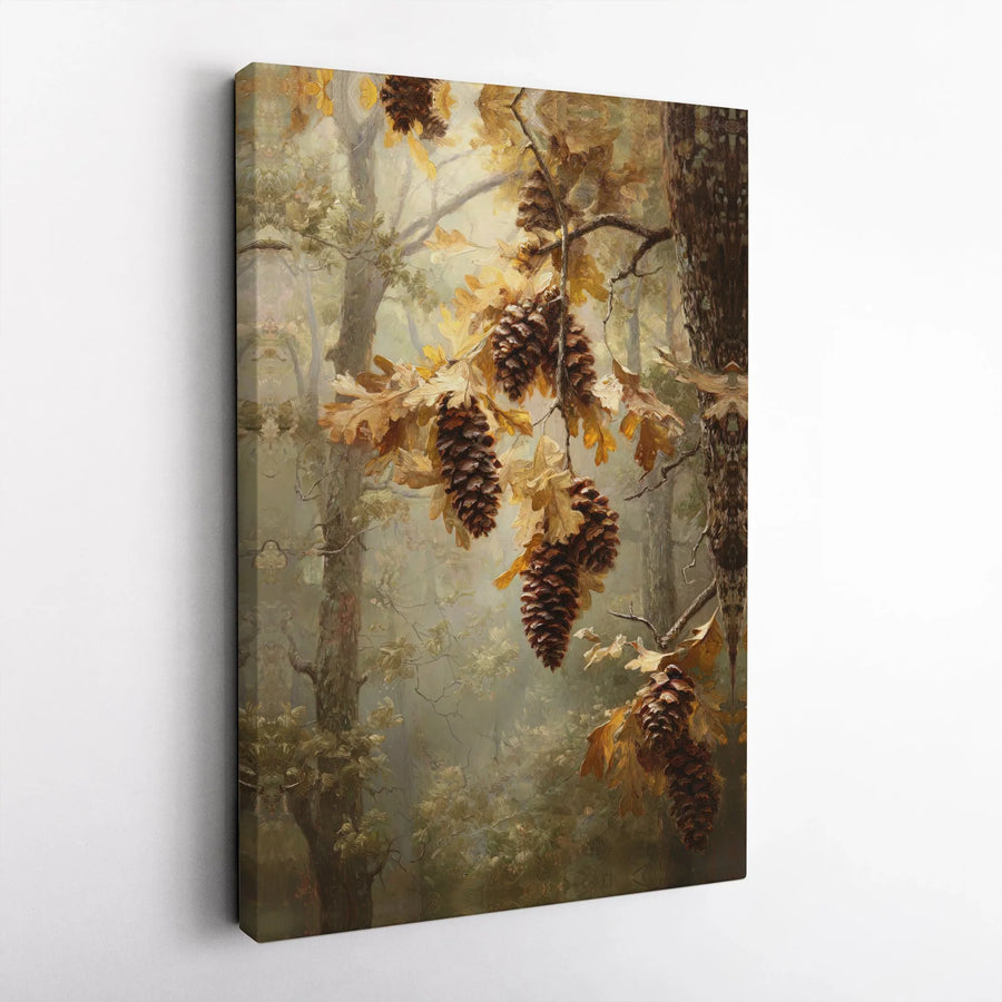 Autumn Forest Canvas Wall Art | Pine Cones and Oak Leaves Nature Print | Premium Gallery-Wrapped Decor | Seasonal Home Gift for Nature Lovers