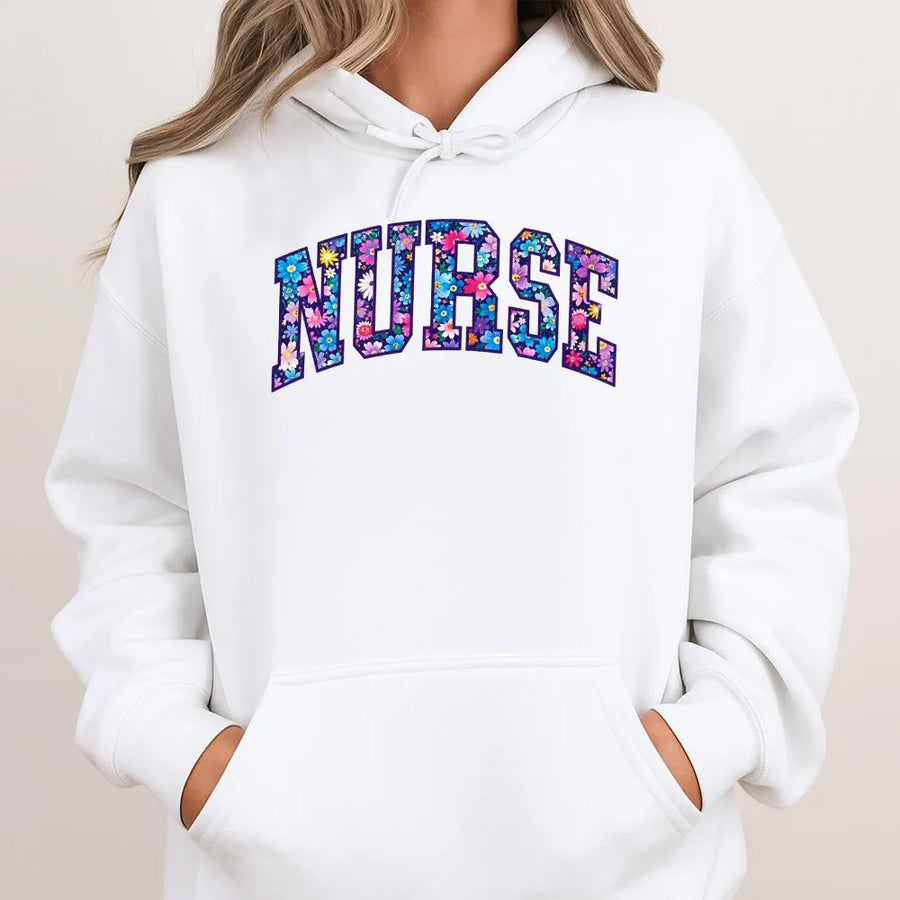 Floral Nurse Hoodie | Wildflower Varsity Lettering Pullover | Soft Cotton Blend | RN Graduation Gift for Her