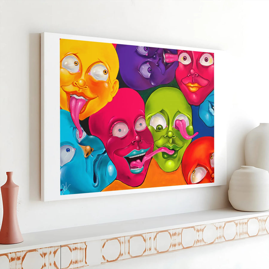 Psychedelic Abstract Face Canvas Art | Vibrant Surreal Tongue Faces Mural | Premium Gallery-Wrapped Print | Bold Modern Home Decor for Creative Spaces