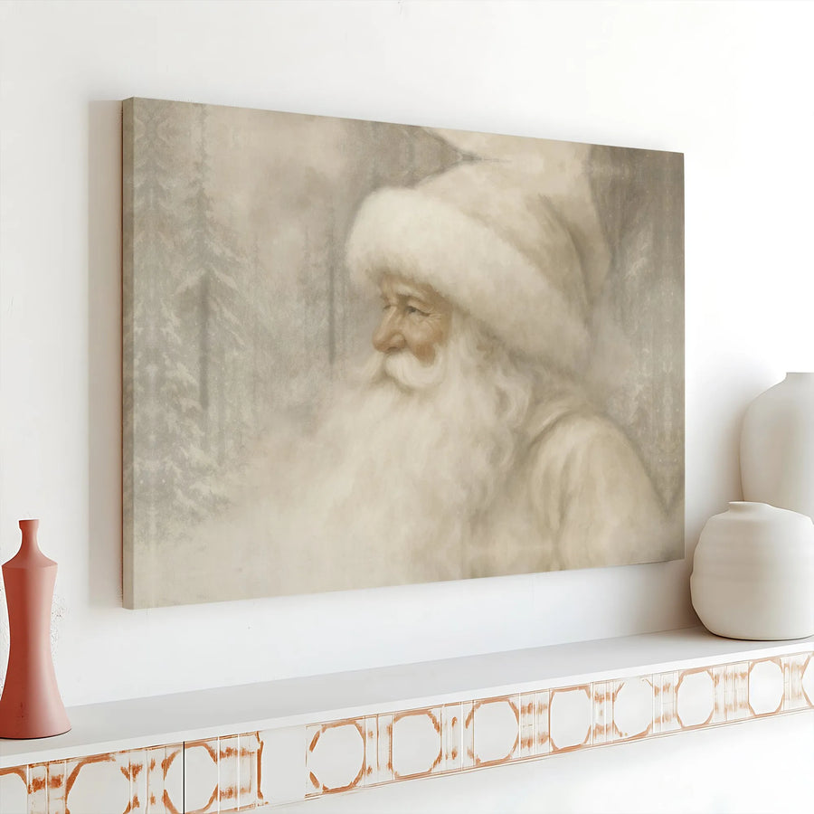 Vintage Santa Claus Wall Art | Neutral Winter Forest Portrait | Premium 1.25" Gallery Wrap Canvas | Rustic Christmas Holiday Home Decor