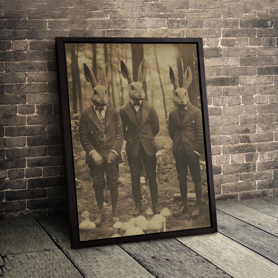 Rabbit Gentlemen Canvas Wall Art | Vintage Victorian Anthropomorphic Animal Print | Premium Gallery-Wrapped Portrait | Unique Maximalist Home Decor Gift