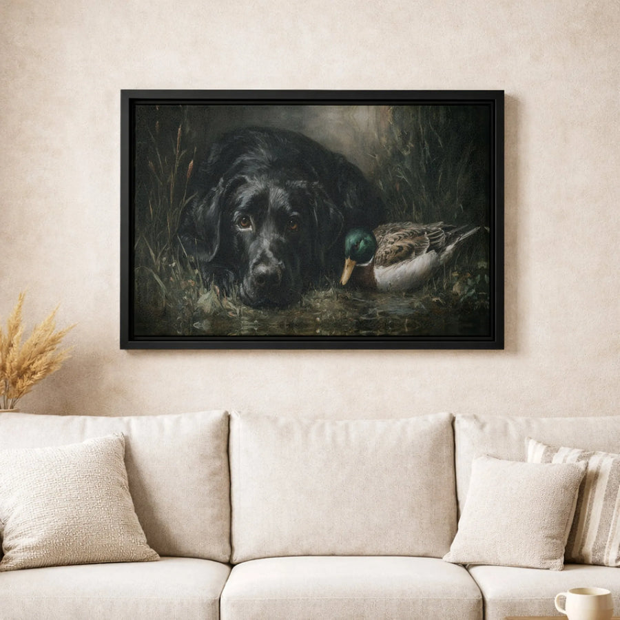 Black Labrador Hunting Dog Canvas | Vintage Mallard Duck Oil Painting Style | 1.25-Inch Premium Gallery Wrap | Wildlife Art Gift for Dog Lovers