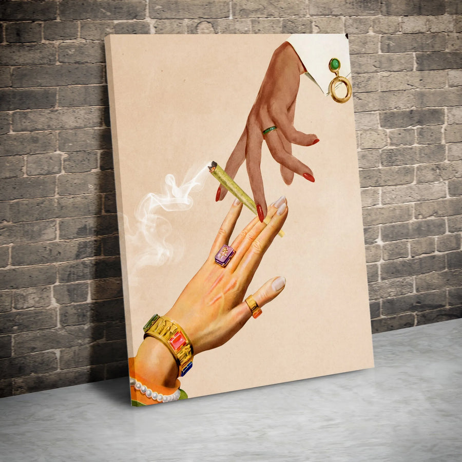 Hands Passing Joint Canvas Print | Vintage Aesthetic Collage Art | Premium Fade-Resistant Decor | Unique Stoner Gift for Home Office