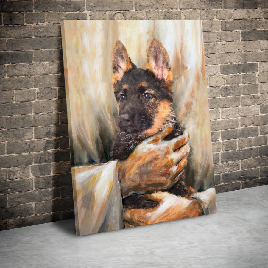 Jesus Holding German Shepherd Puppy Canvas | Religious Christian Wall Art | Premium Fade-Resistant Print | Spiritual Home Decor Gift