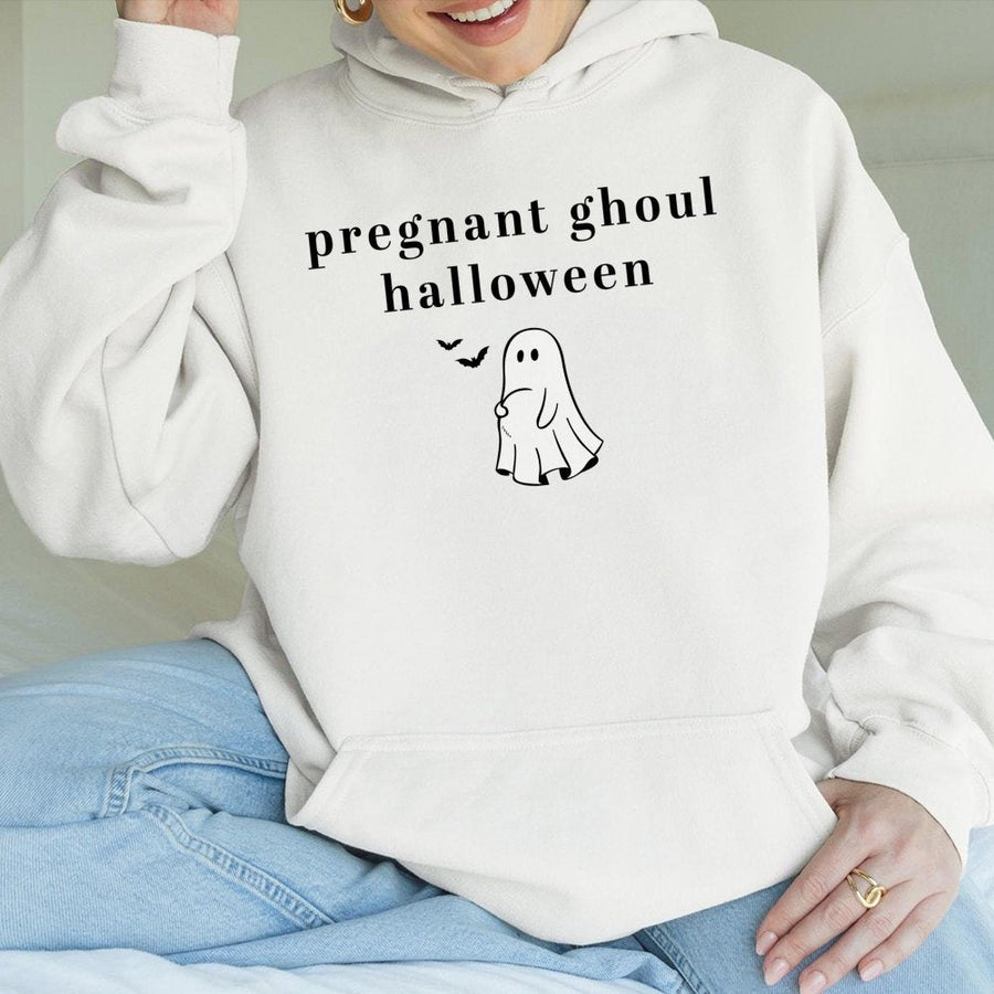 Pregnant Ghoul Halloween Hoodie | Funny Baby Bump Ghost Graphic | Premium Cotton Blend | Cute Maternity Gift for Spooky Season