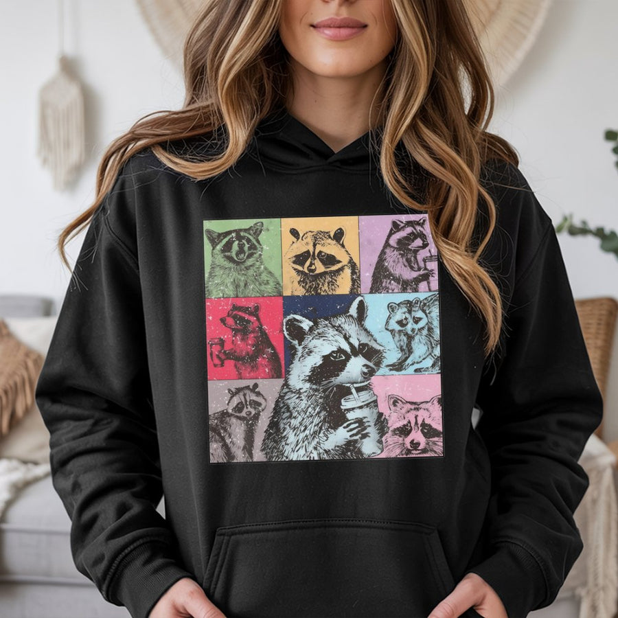 Raccoon Coffee Hoodie | Retro Pop Art Trash Panda Graphic | Premium Cotton Blend | Funny Animal Lover Gift for Men and Women