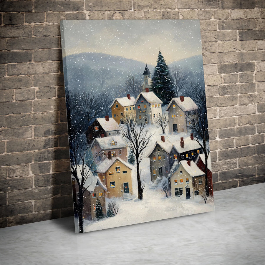 Winter Village Canvas Wall Art | Snowy Christmas Mountain Town Scenery | Premium Gallery Wrap Print | Festive Holiday Home Decor Gift