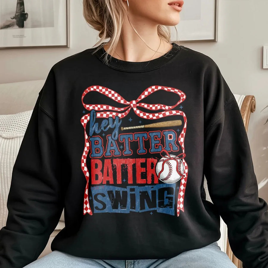 Hey Batter Batter Swing Sweatshirt | Retro Baseball Coquette Bow Graphic | Premium Cotton Blend Crewneck | Game Day Gift for Baseball Mom & Softball Fan