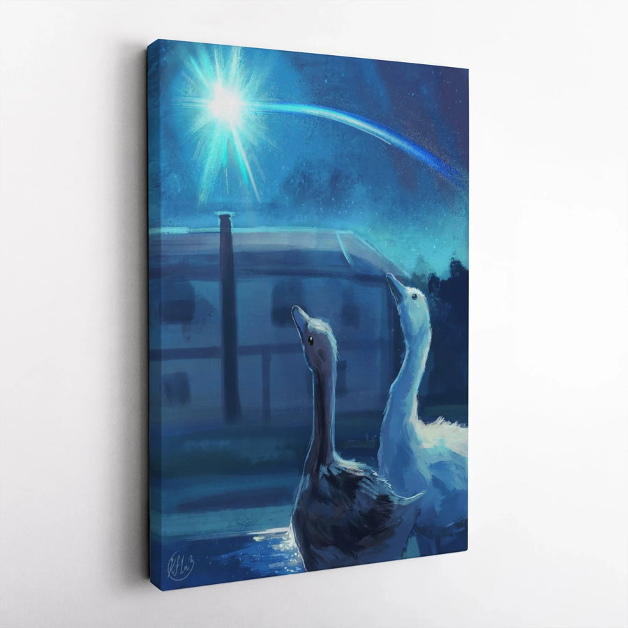 Stargazing Geese Vertical Canvas | Whimsical Meteor Shower Art | Premium High-Resolution Print | Unique Home Decor Collector's Gift
