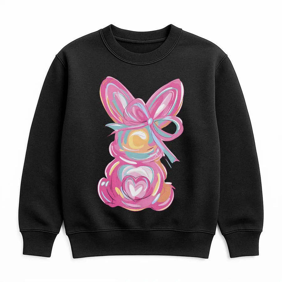Easter Bunny Sweatshirt | Artistic Colorful Rabbit With Pink Bow | Premium Cotton Blend Crewneck | Cute Spring Holiday Gift For Women