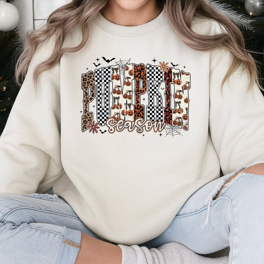 Pumpkin Season Sweatshirt | Leopard Print Checkered Fall Graphic | Soft Cotton-Poly Blend | Trendy Halloween Thanksgiving Gift for Her