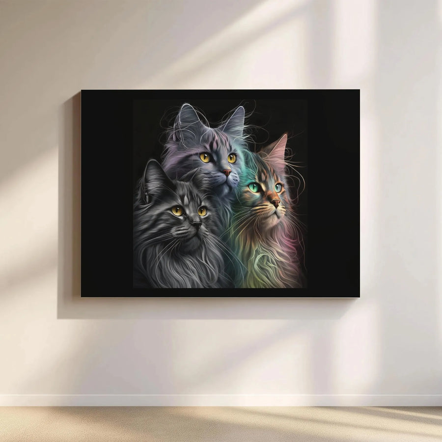 Three Cats Canvas Wall Art | Colorful Long Haired Feline Portrait | Premium Fade-Resistant Print | Elegant Home & Office Decor Gift