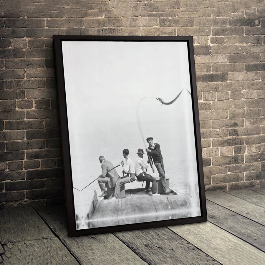 Vintage Fishing Photo Canvas Art | Black and White Fisherman Boat Print | Premium Gallery Wrapped Decor | Nautical Office Wall Decor