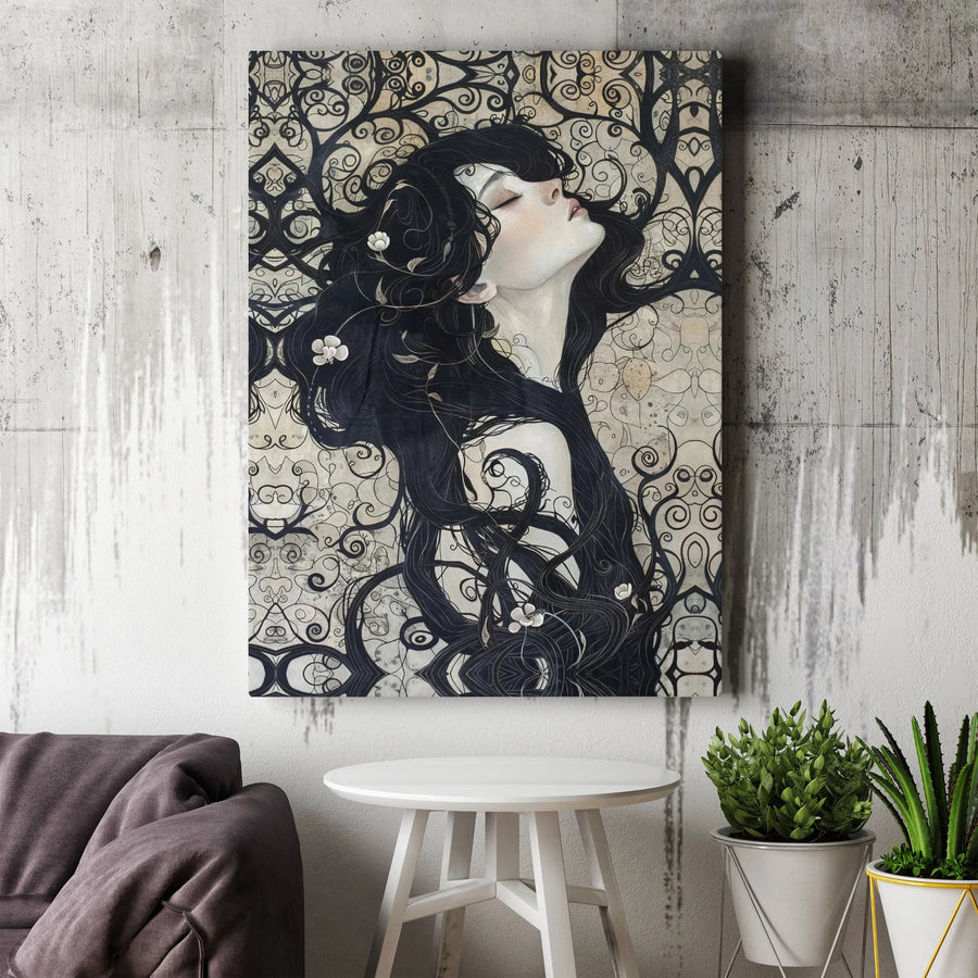 Art Nouveau Woman Wall Art | Ethereal Portrait with Flowing Hair | Premium Gallery Wrapped Canvas | Elegant Home Decor Gift