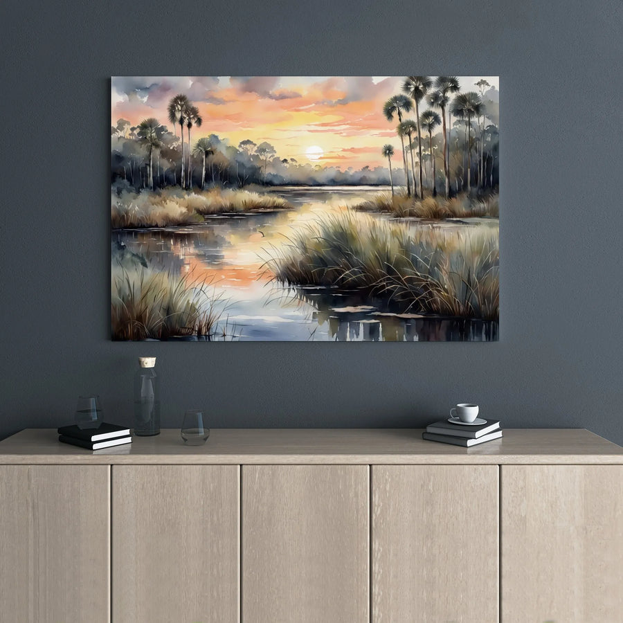 Florida Marsh Sunset Canvas Art | Coastal Palm Tree Watercolor Landscape | Premium 1.25" Gallery Wrap | Ready to Hang Tropical Home Decor