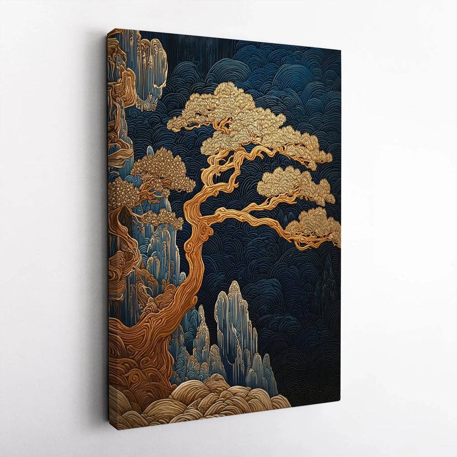 Japanese Bonsai Canvas Wall Art | Golden Tree and Mountain Landscape | Premium 1.25" Gallery Wrap | Zen Home Decor Office Gift