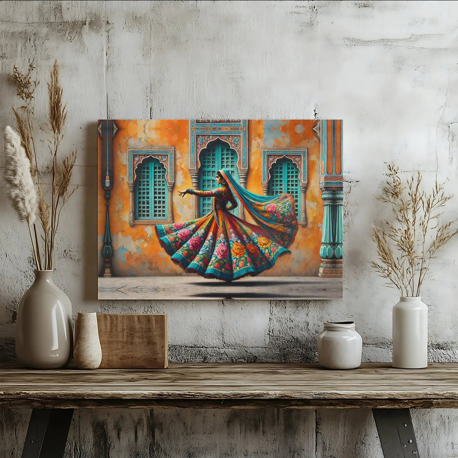 Indian Dancer Canvas Art | Vibrant Traditional Dance Scene | Premium Gallery Wrapped Canvas | Bohemian Wall Decor for Living Room Gift