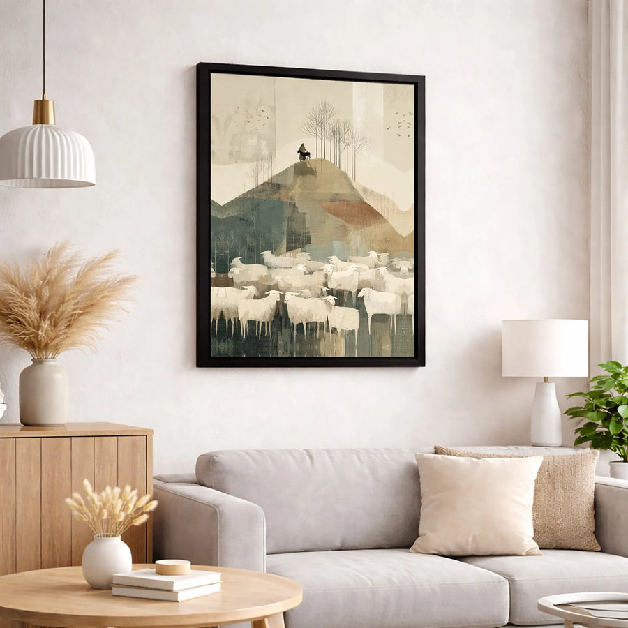Shepherd and Sheep Wall Art | Abstract Farmhouse Landscape Print | 1.25-Inch Premium Gallery Canvas | Rustic Home Decor Gift