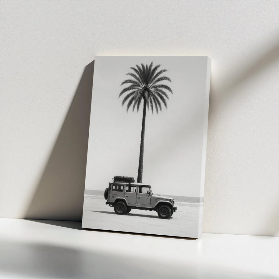 Vintage SUV Beach Canvas Print | Black and White Palm Tree Adventure Wall Art | Premium Gallery Wrap Decor | Travel Enthusiast Gift