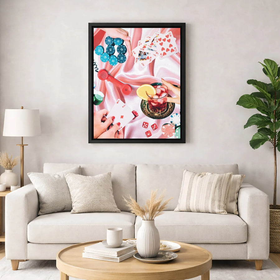 Poker Night Canvas Wall Art | Retro Casino Aesthetic Collage with Cards and Cocktail | Gallery-Wrapped Premium Decor | Gift for Poker Player