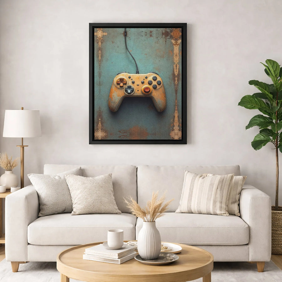 Vintage Video Game Controller Canvas Wall Art | Rusted Industrial Aesthetic | Premium Fade-Resistant Print | Gamer Room Decor Gift