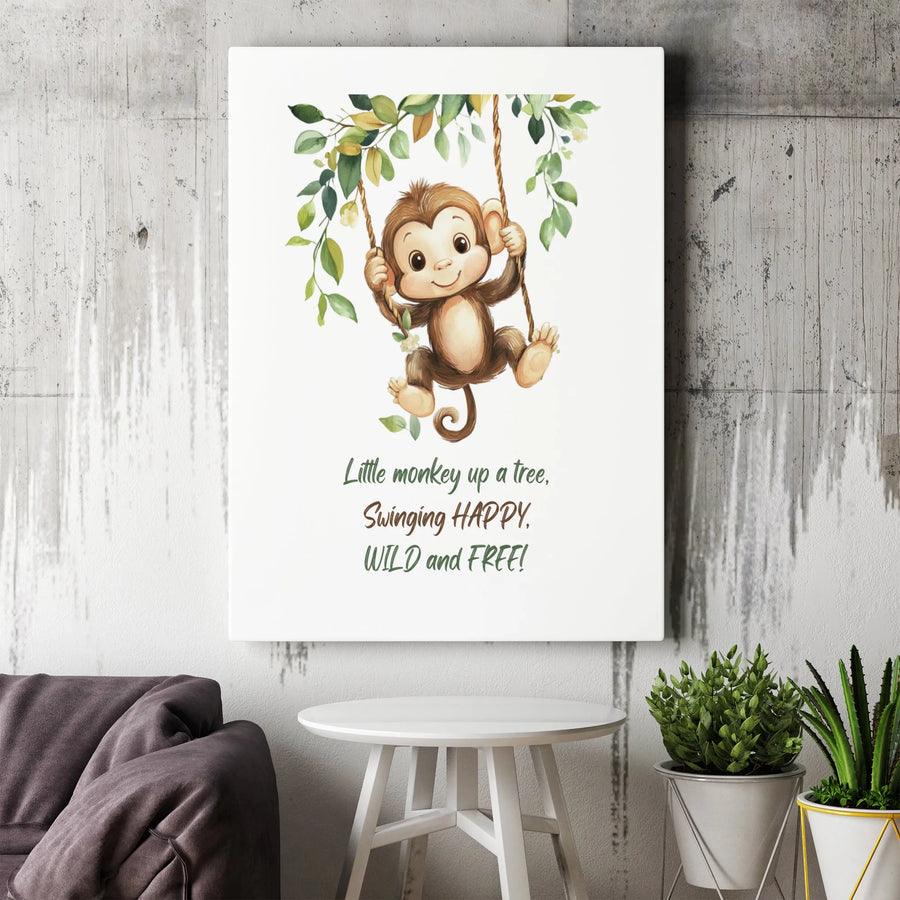 Cute Monkey Canvas Wall Art | Watercolor Animal Print with Quote | Premium Gallery Wrapped Canvas | Nursery Decor Gift for Kids