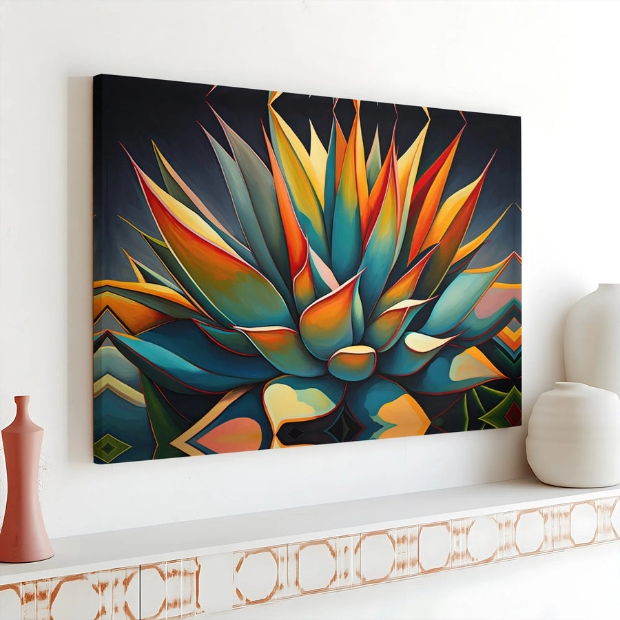 Agave Canvas Wall Art | Colorful Geometric Succulent Print | Premium Fade-Resistant Canvas | Modern Southwestern Living Room Decor Gift